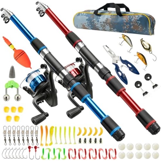2 stuks hengelset - 1,8 m telescopische koolstofvezel hengel met spinmolen 5.2:1 - compleet visset voor beginners met lijn, aas, accessoires en draagtas - geschikt voor zoet en zout water van Merkloos