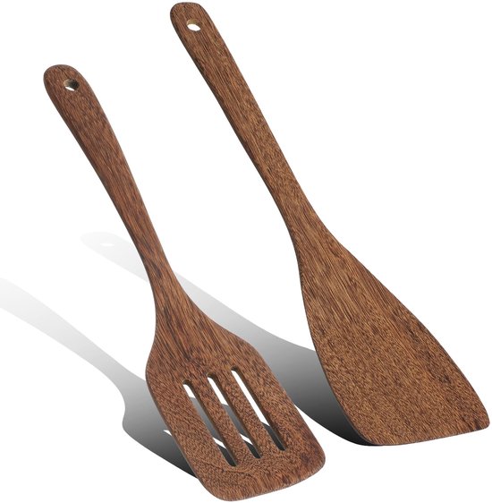 2 stuks houten schraper pan met lange handgreep, houten kooklepel, houten spatel, hittebestendig en antibacterieel, vaatwasmachinebestendig voor keuken, restaurant (33 x 8 cm)