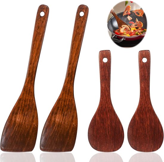 2 stuks houten spatel met lange steel, hittebestendige en niet-klevende houten spatels voor pan, kookgerei en wok (33/21 cm)