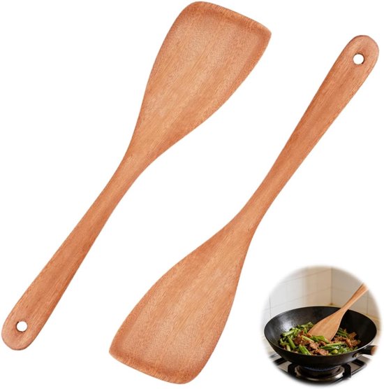 2 Stuks Houten Spatel voor Koken, 33 cm Groot Keuken Houten Sleufspatels, Massief Keukenspatel met Lang Handvat, Platte Spatels Set Antiaanbaklaag, Hittebestendige Spatels voor Bakken Pannen