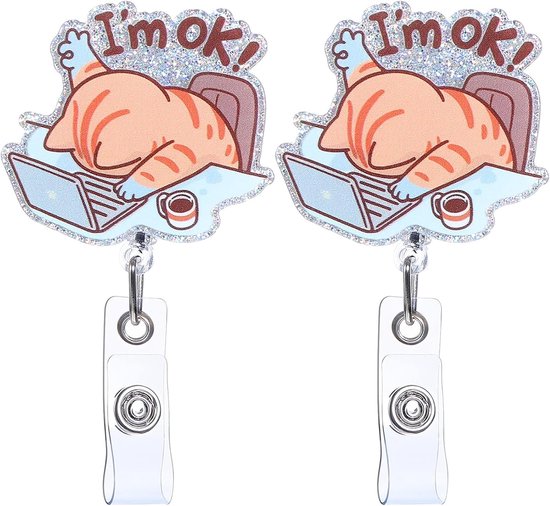 2 Stuks "I'm OK" ID Kaarthouder met Uittrekbare Kat Badge Reel en Clip, Leuk ID Yo-Yo voor Verpleegkundigen, Leraren en Studenten