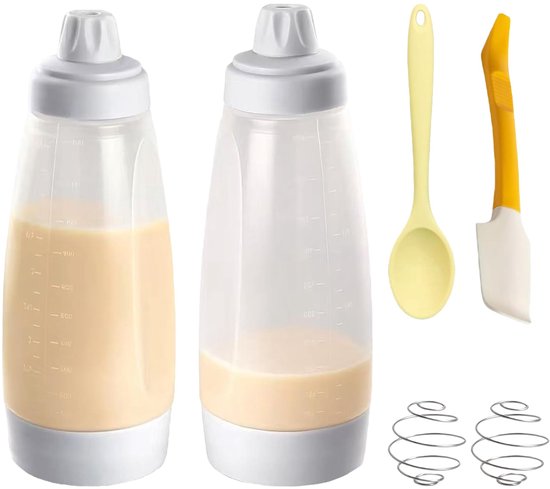 2 stuks knijpfles voor pannenkoeken & muffins, deegdispenser met deksel en schaal, deegspuit voor wafels, crêpes, cupcakes, incl. siliconen spatel