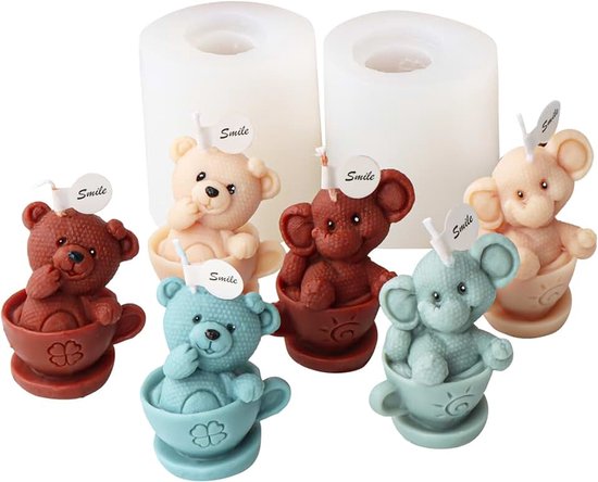 2 stuks kopjes, olifant, beer, kaarsvorm, 3D-dier, olifant, beer, siliconen vorm voor fondant, sojawas, kaarsen, zeep, gips, epoxyhars, handwerk