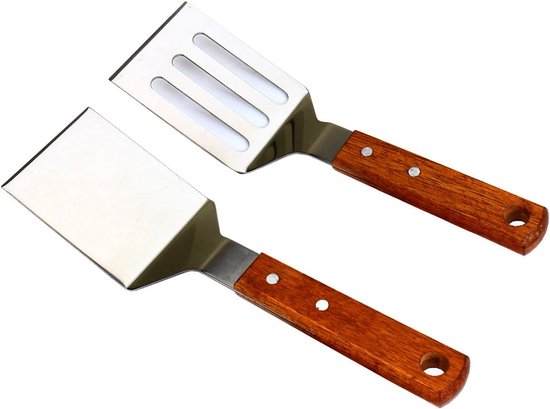 2 Stuks Metalen Spatel voor Gietijzeren Koekenpan, Roestvrij Stalen Grillspatel Sleufspatel Spatel Visspatel Met Houten Handvat, Platte Grillspatel, Bakplaat Metalen Spatels voor Koken BBQ