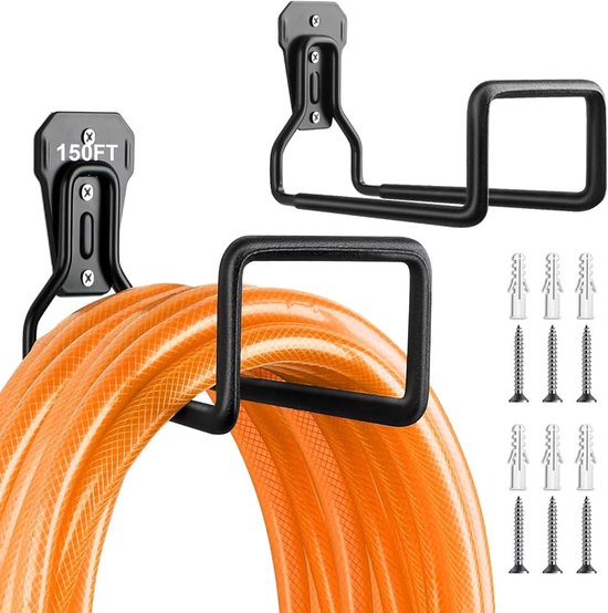 2 stuks metalen tuinslanghouder wandmontage zware waterslang haak hanger metalen buisstandaard met 6 schroef, 6 gipsplaten ankers voor buiten tuin tuin garage (2 pack - zwart)