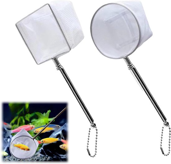 2 stuks mini-schepnet voor aquarium, met uittrekbare handgreep van roestvrij staal, telescopisch net voor aquarium, voor het vangen van kleine vissen en garnalen en het reinigen van het aquarium