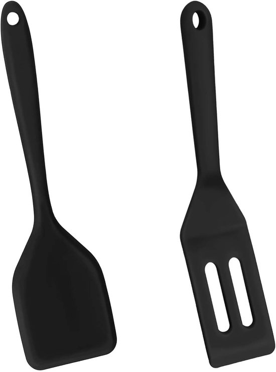 2 stuks mini siliconen spatel, anti-aanbak siliconen serveerdraaier, kleine spatels voor keuken koken, hittebestendige koekjesspatel met sleuven (zwart)