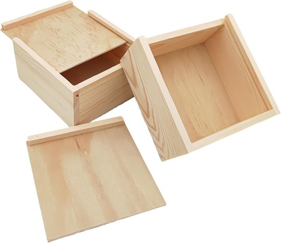 2 stuks onafgewerkte houten opbergdoos met schuifdeksel, blanco doos