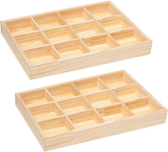 2 stuks opbergdoos van hout met 12 vakken 30x20x3.5cm Onvoltooide inzetdozen van hout Kleine houten kist met vakken voor kleinigheden, sieraden en verzamelobjecten
