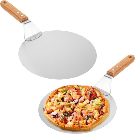 2 stuks pizzaschep rond, 25 cm pizzaschep roestvrij staal met houten handvat, pizzaschep zilver voor pizza, brood, gebak