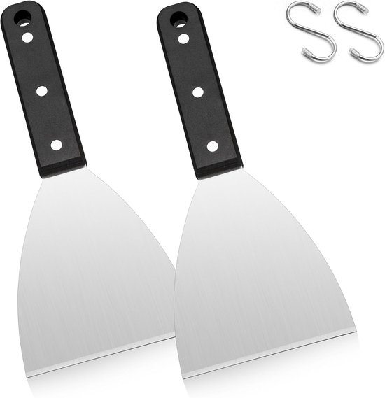 2 stuks Plancha spatel keukenspatel set, grillspatel roestvrij staal met ABS kunststof handvat, pizzaspatel voor BBQ/keuken/koken/schoonmaken, schuine rand en vaatwasser