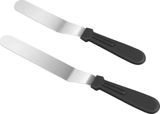 2 stuks, professionele gebogen spatel van roestvrij staal, voor cake, pannenkoeken, decoratie en gladmaken met ergonomische antislip handgreep (zwart)