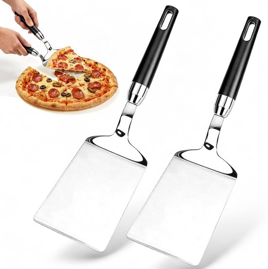 2 stuks, roestvrij staal met snijfunctie, pizzaschep 29 x 9 cm, ergonomische handgreep met gripvast oppervlak, voor zelfgemaakte pizza, brood, cake