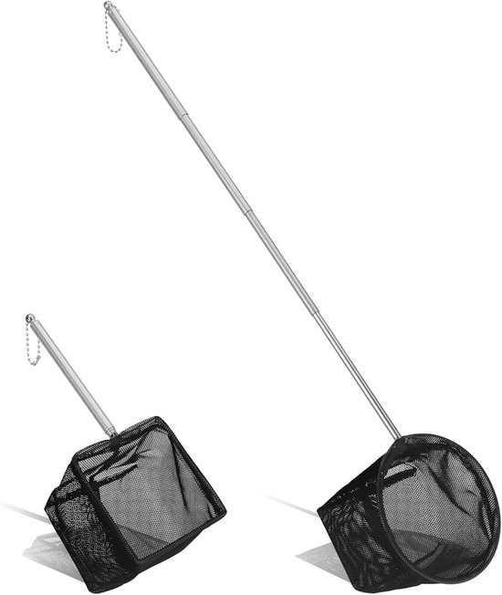 2 stuks schepnet voor aquarium, mini-schepnet met uittrekbare metalen handgreep (8/10 cm), garnalen, vangnet voor visbekken, kleine vijvers en zwembaden, zwart, vierkant en rond