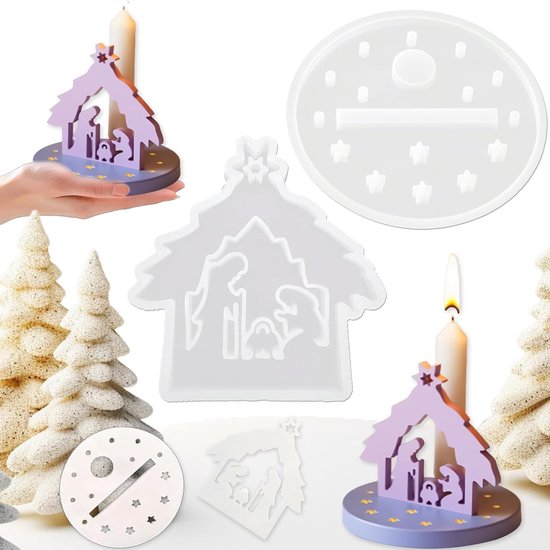 2 Stuks Set Siliconen, 3D-Gietvormen Voor Kerstmis, Gietvorm Huis En Gietvorm Kandelaar Rond, Gietvormen Huizen, Handwerk, Woondecoratie