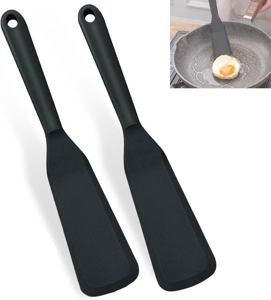 2 Stuks Silicone Spatel Met Lange Steel, 25.4cm Hittebestendig Mini, Anti-Aanbak Kook Gereedschap, Zwart, Voor Omelet, Deeg, Vis, Pannenkoeken, Eieren, Pizza, Steak