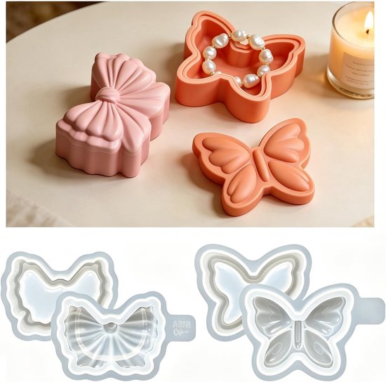 2 stuks siliconen gietvormen, vlinder, geschenkdoos, epoxyharsvormen, sieradenkistje, gipsvormen voor beton, huisdecoratie, opslag van sieraden