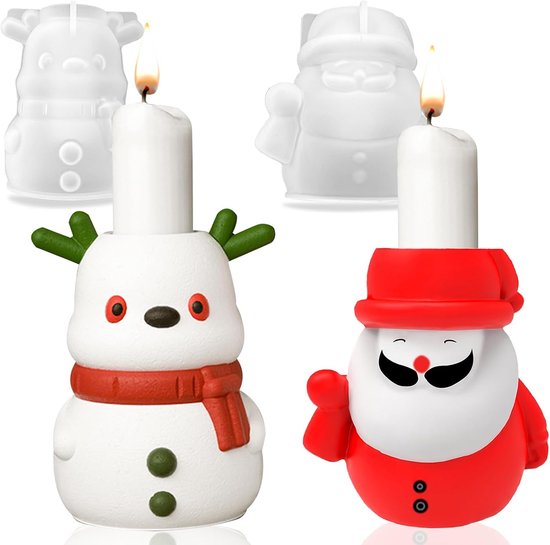 2 stuks siliconen kaarshouder, gietvorm, kaarshouder, kerstman, sneeuwpop, staafkaarsen, siliconen kaarsvormen, hars, epoxy, staafkaarshouder, siliconen vorm, kaarshouder vorm voor Kerstmis