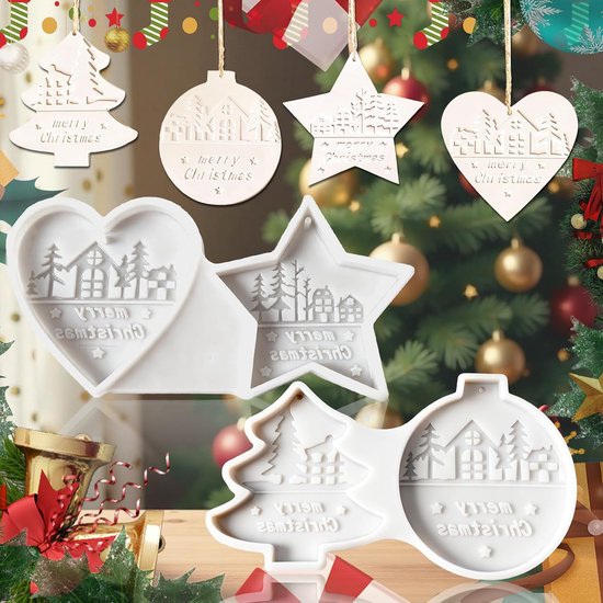 2 stuks Siliconen Mal Kerstboom Ster Hart Bel, Herbruikbare Hars Charme Mallen, Kerstboom Ster Gips Mallen voor het Gieten Gietvorm Hart Hanger Gietvormen
