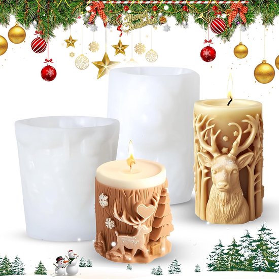 2 stuks siliconen mal voor 3D-kerstkaarsen, reliëfmal met hertenmotief voor kerstversieringen, epoxyhars en handgemaakte zeep (doe-het-zelf)