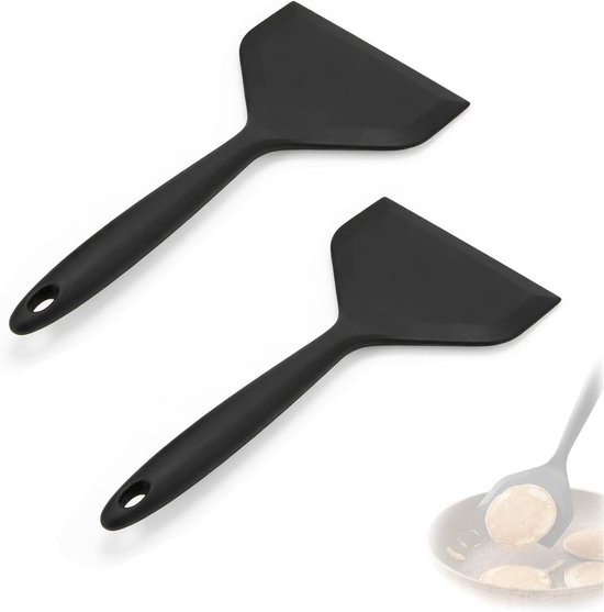 2 stuks siliconen spatel met antiaanbaklaag, groot (25 x 12 cm), hittebestendig (-40 °C tot 230 °C), BPA-vrij, voor het koken van vis en pannenkoeken, zwart