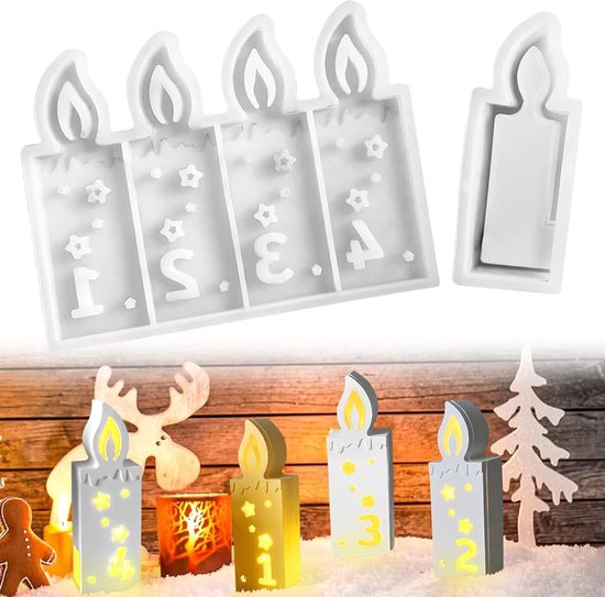 2 stuks siliconen vormen, gietvormen, Kerstmis adventskalender met cijfers 1-4 en ster, gipsvormen om te gieten, Kerstmis voor kaarsen van gips en epoxyhars, epoxyhars vormen voor doe-het-zelf