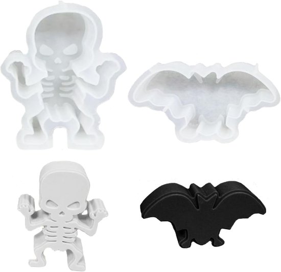 2 stuks siliconen vormen voor Halloween, chocoladevormen, Halloween vormen, Halloween siliconen vorm, geest, kaarsvormen, siliconen gietvormen Kerstmis (skelet + vleermuis)