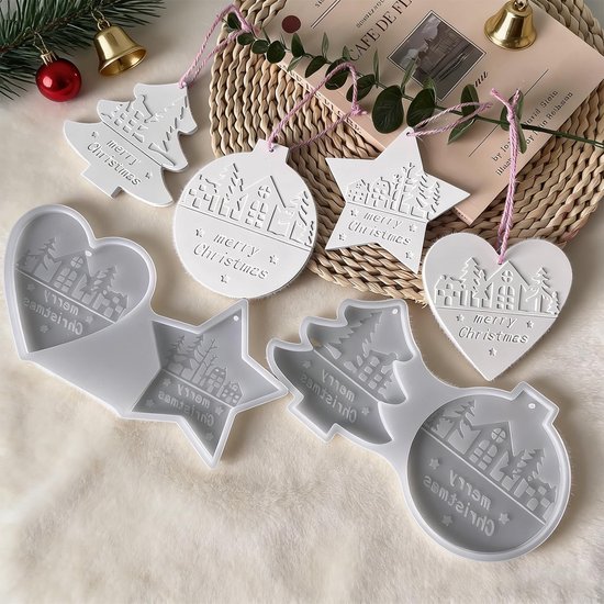 2 stuks siliconen vormen voor Kerstmis, gietvormen herfst, met dennenboom, ster, hart, gipsvormen om te gieten, kerstdecoratie hanger