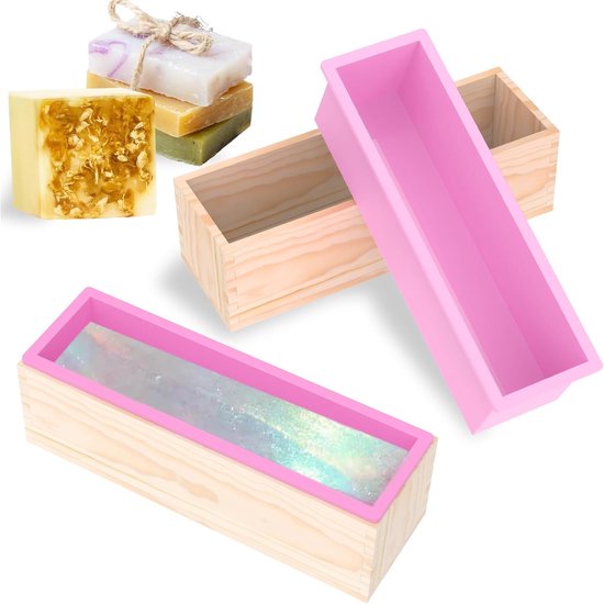 2 stuks siliconen zeepvormen, 1200 ml, zeepvorm met houten doos, rechthoekige siliconen vorm, zeep maken, accessoires vorm, veelzijdige siliconen vormen voor zelf zeep maken, cake, pudding, roze, 2