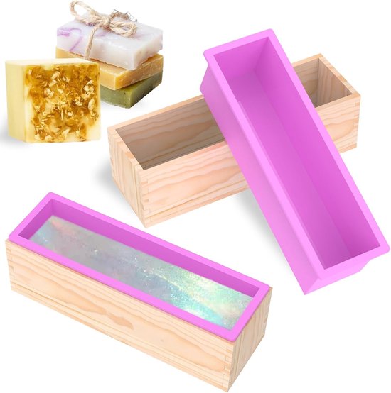 2 stuks siliconen zeepvormen, 1200 ml, zeepvorm met houten doos, rechthoekige siliconen vorm, zeep maken, accessoires vorm, veelzijdige siliconen vormen voor zelf zeep maken, cake, pudding