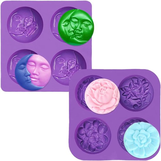 2 stuks siliconen zeepvormen, 4 holle ruimtes zon en maan en 4 holle bloemenvormen, voor het maken van zeep, doe-het-zelf lotionbar, cake, chocoladepudding