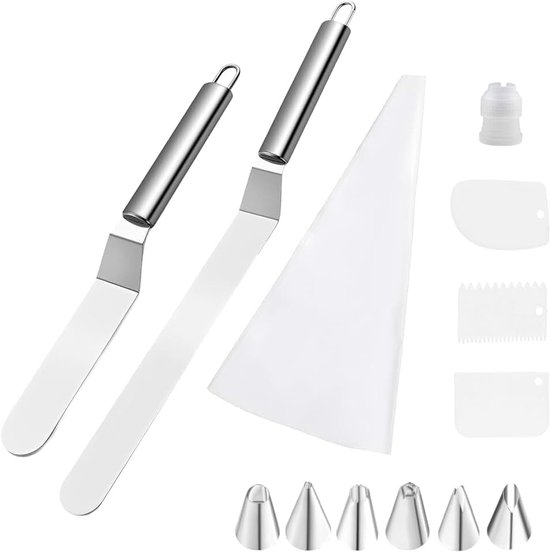 2 stuks spatel voor gebak, schuine spatel van roestvrij staal, spatel, keuken, cake, gladmaken met set bakgerei voor cupcakes, glazuur, gebak (zilver)