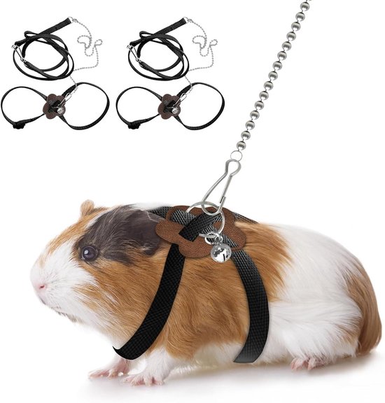 2 stuks verstelbaar harnas met riem voor hamsters, fretten, jonge konijnen, ratten en muizen, met belletje, zwart