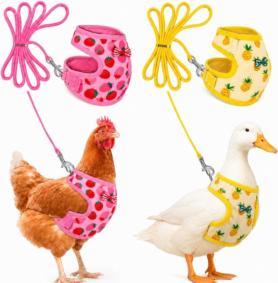 2 stuks verstelbare Halloween kippenharnas en riem set comfortabel elastisch kippenvest ademend harnas voor kippen eend gans huisdier training wandelbenodigdheden (ananas, aardbei, medium)