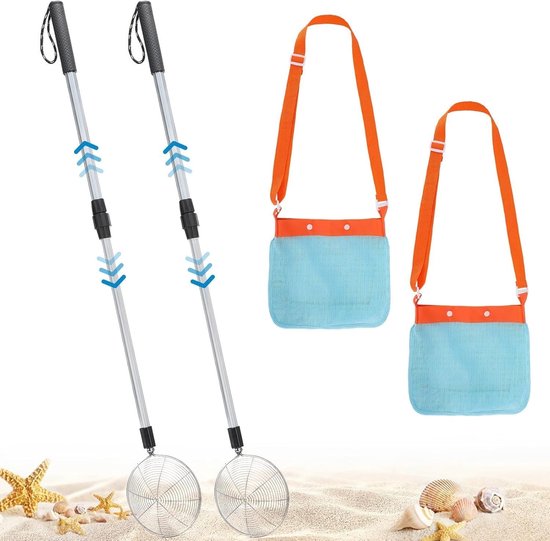 2 Stuks Verstelbare Schep voor het Strand met Netten, 55-84 cm, Ideaal voor het Verzamelen van Schelpen en Steentjes, Perfect Strand Speelgoed voor Kinderen