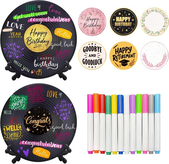 2 Stuks Vinyl Record Decor Gastenboek voor Feest, Retro Platen Aanmeldbord met Houder, 8 Stickers & 12 Pennen, Alternatief Gastenboek voor Verjaardag, Afstuderen, Bruiloft, Afscheid, DIY