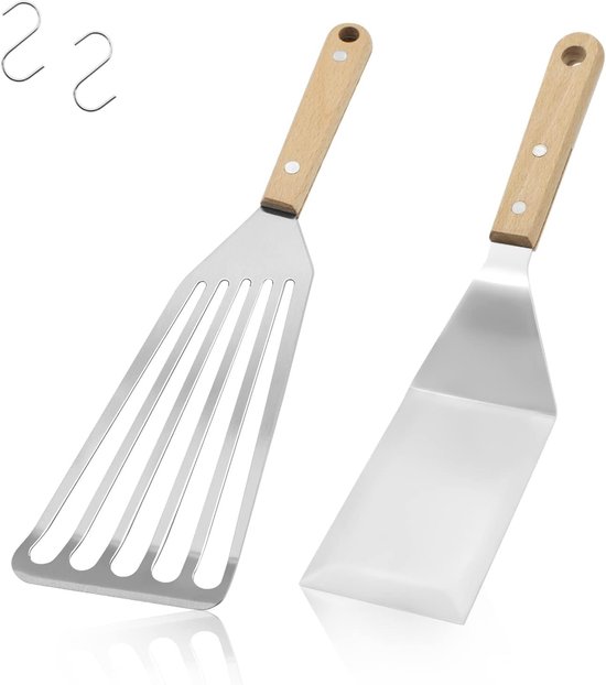 2 stuks Vis Spatel, TACYKIBD roestvrijstalen Spatel Turner met houten handgreep en haken, 30 cm gegroefde metalen spatel voor het keren, bakken, grillen, koken van vis, eieren, vlees, frietjes