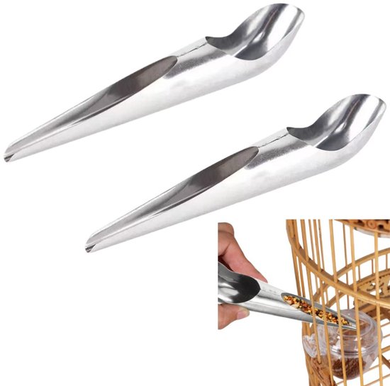2 stuks - Voerbak voor kooien - Voerbak voor vogels - Voerlepel voor huisdieren - Accessoires voor het voeren van vogels - Gemakkelijk voer en water toe te voegen - Zilver - 21 x 1,1 cm - Geschikt voor papegaaien, kleine vogels en hamsters