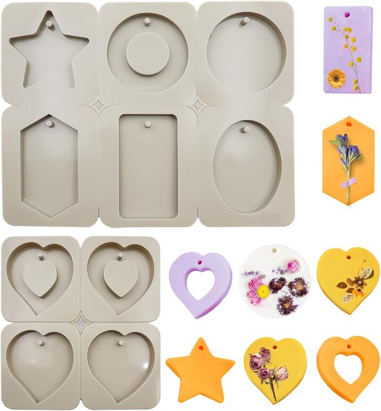 2 stuks zeepvormen, siliconen harsvormen met gat om op te hangen, waxvormen, siliconen zeep gietvormen voor doe-het-zelf knutselen, sieraden, zeep, aromatherapie, geur (8 verschillende vormen, grijs)