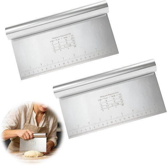 2 x deegsnijders van roestvrij staal, groot, met maatbeker, multifunctionele spatel, flexibele keukenspatel voor deeg, cake, pizza, bakken, snijden en nivelleren, 22 x 12 cm