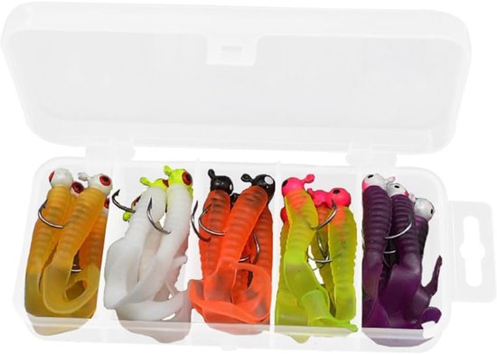 20 Stuks Curly Tail Grub Vispluggen Set met Jig Hoofden, Zachte Plastic Aas voor Snoek, Baars en Meerval in Zoet en Zout Water
