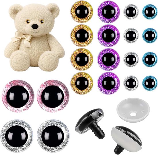20 Stuks Glinsterende Veiligheidsoogjes voor Amigurumi 12mm/18mm/30mm | Glitter 3D Kunststof Ogen met Onderlegplaatje voor Gehaakte Dieren, Poppen, Knuffels, Teddyberen en DIY Knutselprojecten
