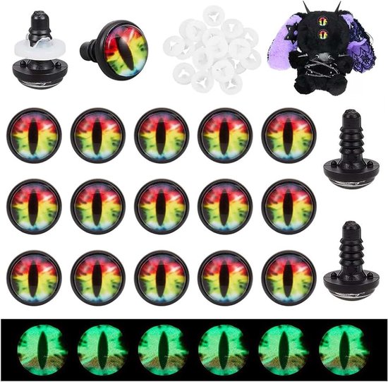20 stuks Lichtgevende Veiligheid Craft Eye Dragon Eye, Glow in The Dark Plastic & Glas Craft Ogen met Spacer Halfronde Veiligheid Ogen voor Pop Beer Accessoires Halloween Decor, Kleurrijk,