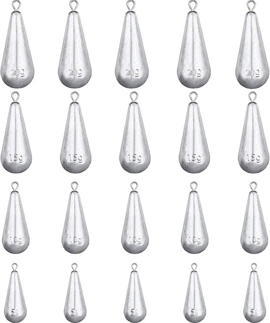 20 Stuks Vis Gewichten Drop Shot 5g/10g/15g/20g - Peervormige Lood Sinker voor Zee- en Zoetwatervissen