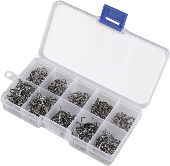 200 Wide Visaccessoires met Plastic Doos, 10 Maten, RVS Vishaakjes, Onmisbare Gereedschappen voor Vissers en Hengelsport Enthousiastelingen