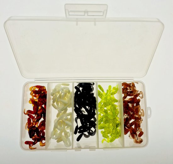200x Twister enkel 2,5cm - 1 inch kunstaas assortiment B in diverse kleuren uit Amerika in een tackle box van Twister