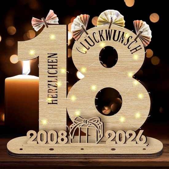 2026 18e verjaardagscadeau houten bord met led-gastenboek, geldcadeau, verjaardag, vrouwen en mannen, verjaardagsdecoratie, cadeaus voor 18e verjaardag, personaliseerbaar cadeau
