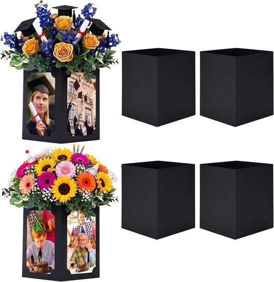 2026 Deko, Abitur & Afstudeerfeest Decoratie, 4-zijdige 10x15cm Fotodisplay Dozen, Ruimte voor Bloemen of Lichten, Opvouwbare Tafelversiering voor Graduation en Feesten