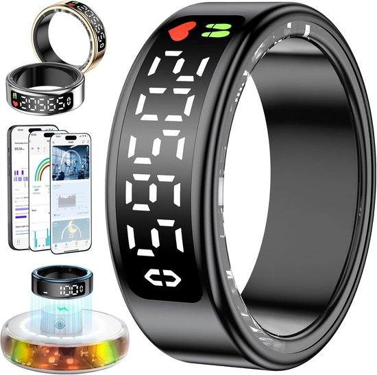 2026 Smartring voor heren en dames, smart ring met led-display, activiteitstracker met Android/iOS, intelligente ring Health Fitness IP68 met slaap/SpO2/HRV/stress/hartslag (zwart, 10)
