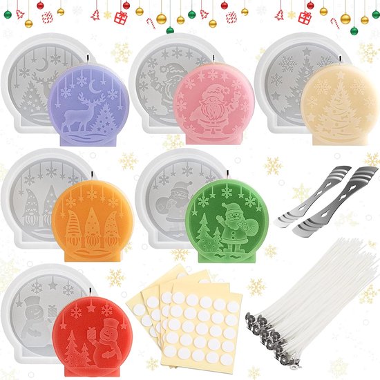 218 stuks siliconen vormen, kerstset, 6 stuks 3D kerstkaarsvorm + 200 waxlonten + 2 houders + 10 stickers, siliconen vorm kerstkaarsen, kerstboomkaarsvorm voor doe-het-zelf geurkaars